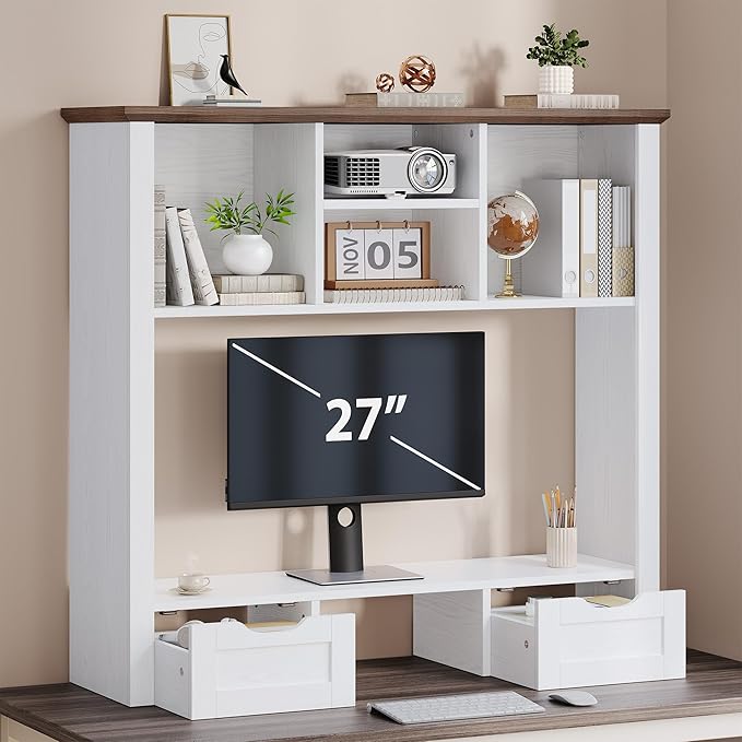 Desktop Bookshelf with Computer Monitor Stand, 37.4''W Desk Shelf Display Rack, Desktop Organizer Storage Rack with 4 Cubbies and 2 Drawers, 5-Tier Desk Hutch for Home, Office, Dorm, Vanity