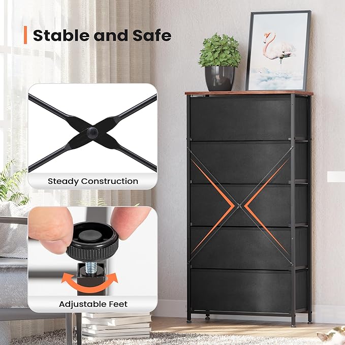 Crestlive Products Vertical Dresser Storage Tower - Sturdy Steel Frame, Wood Top, Easy Pull Fabric Bins - Wide Organizer Unit for Bedroom, Hallway, Entryway, Closets - 5 Drawers(Rustic Brown)