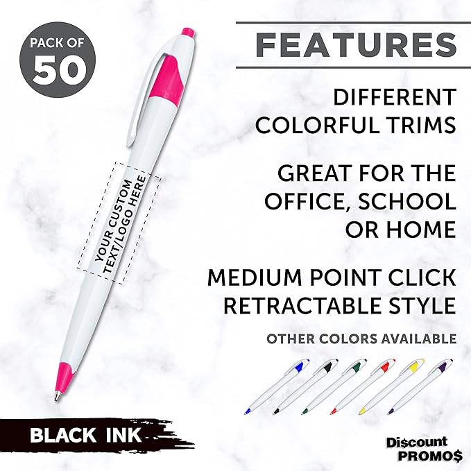 DISCOUNT PROMOS Custom Slim Curvy Ballpoint Pens Set of 50, Personalized Bulk Pack - Black Ink, Retractable, Great for Office, School, Tradeshows - Pink