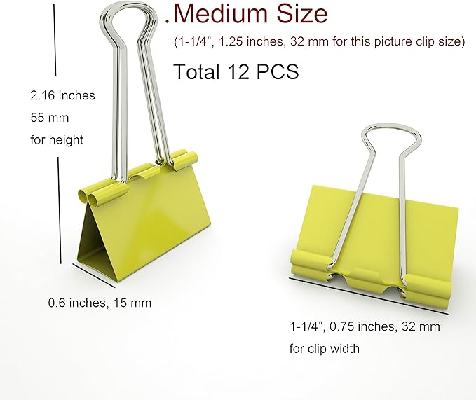 Nctinystore Binder Clips Medium Metal Clamp - 1-1/4 in (1.25 inch/32mm) (Yellow, 12-Count)