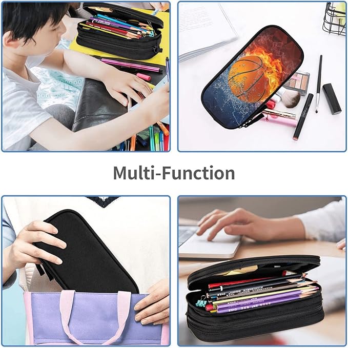Basketball Pencil Case for Sports Boys Girls, High Capacity Cool Black Pencil Pouch with Zippers, Sport Pencil Box Stationery Organizer Multifunction Bag for Business Office