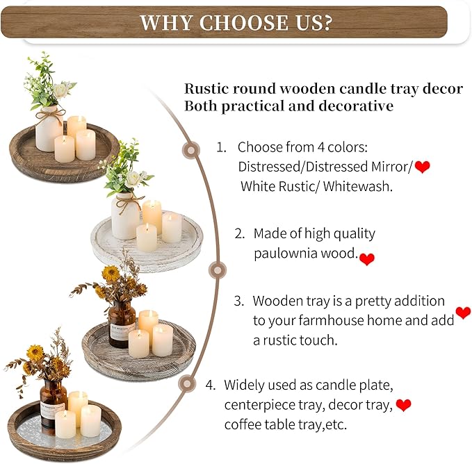 Hanobe Candle Plate Holder Tray: Round Wooden Decorative Mirror Candle Plate Small Farmhouse Table Centerpiece Rustic Tealight Pillar Trays for Christmas Wedding Halloween Home Decor