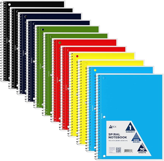 E-CLIPS USA Spiral Notebook, Wide Ruled Notebooks (12 Pack), 70 Sheets, Single Subject, Notebooks Bulk, 6 Color Assortment, 3 Hole Perforated Sheets (12, Wide Ruled)