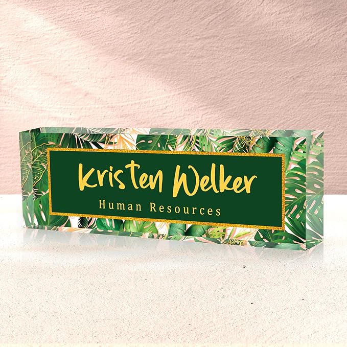 SalaGraphics Desk Name Plate, Custom for, Office Decor Women Men, Acrylic Accessories, Gifts Coworkers Boss Teacher, Employee Appreciation (Green Leaves), 8”(L)x2.5(W)