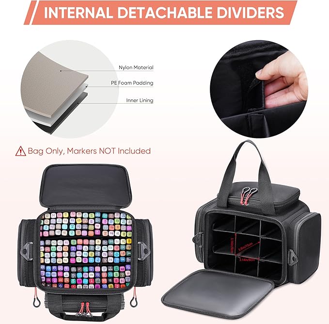 Large Marker Organizer Case for 200-300 Markers, Art Marker Storage Bag with Removable Dividers & 4 Pockets for Paint Markers, Shoulder Strap, Pencil Alcohol Marker Holder