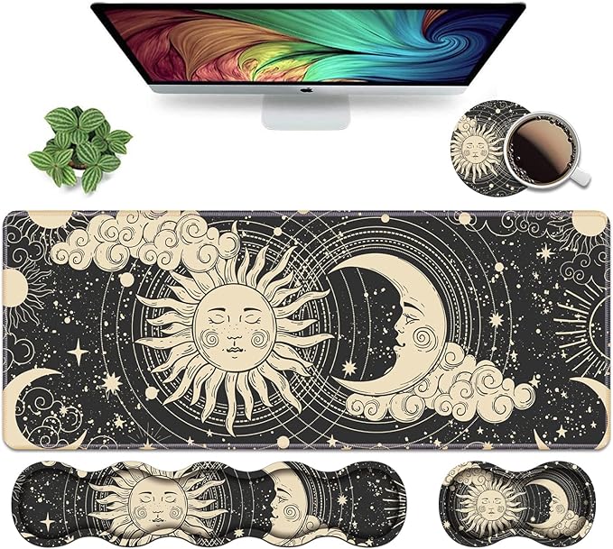 Ergonomic Keyboard Wrist Rest and Mouse Pad Wrist Rest Set, Extended XXL Gaming Mouse Pad 31.5"x 11.8", Non-Slip Base, Memory Foam, Easy Typing Pain Relief, Celestial Theme Sun with Crescent Moon