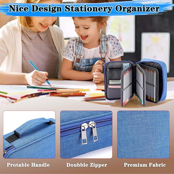 BTSKY® High Capacity Zipper Pens Pencil Case- Multi-Functional Stationery Pencil Pouch 72 Slots Colored Pencil Case Portable Pencil Bags With 2 Removable Sleeves(Blue)