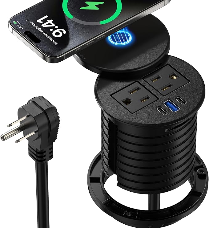 3 Inch Desk Power Grommet with 10W Wireless Charger, 20W USB C Fast Charging Station,2 AC TR Outlets, Round Flush-Mount Recessed Power Strip for Conference Rooms, Office Tables, Furniture, 6FT Cord