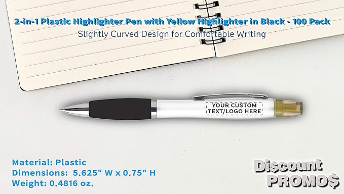 DISCOUNT PROMOS Personalized Plastic Highlighter Pens - 100 pack - Customizable Text, Logo - Black