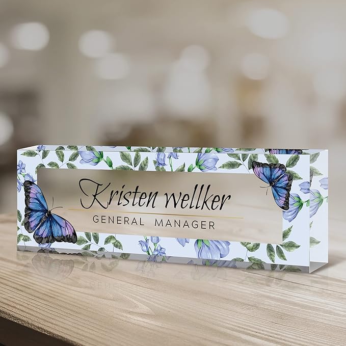 Personalized Office Name Plate for Desk, Custom Employee Appreciation Gifts, Acrylic Desk Name Plate Funny, Desk Decorations Gift, Acrylic Desk Ornaments (Purple Blue Butterfly)