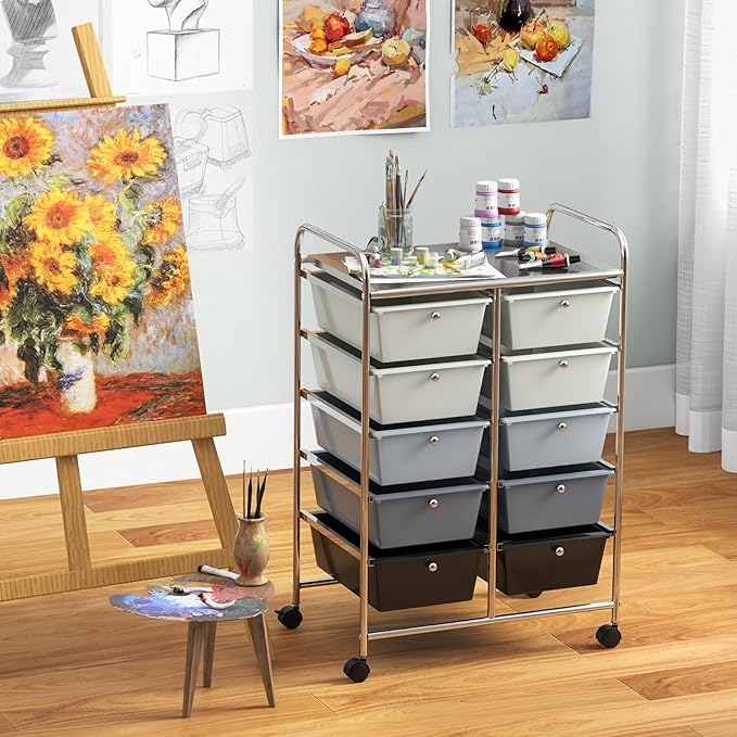Giantex 10 Drawers Rolling Cart, Classroom Organizers, Storage Cart with Wheels, for Teacher Office Home School Supplies Tool Craft Art Paper, Gray Gradient