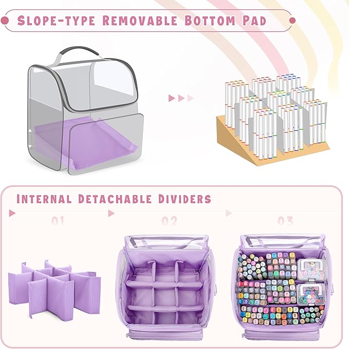 Large Marker Organizer Case for 180 Markers, Marker Storage Bag for Markers, Paint Brushes, Colored Pencils or Other Art Supplies with Dividers and Shoulder Strap (Purple)