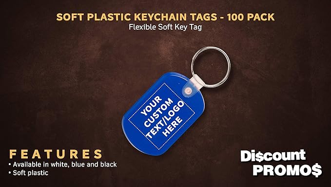 DISCOUNT PROMOS Tag Soft Plastic Keychains - 100 pack - Customizable Text, Logo - Small Key Tag Chain For Staying Organized - Rubber Key Ring Keychain – Blue