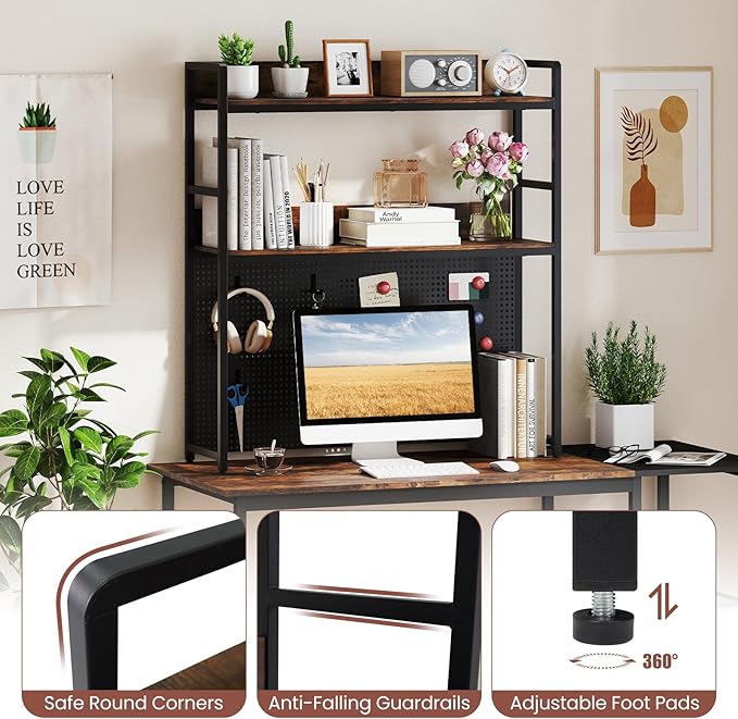 Tangkula Desktop Bookshelf, Multipurpose 2-Tier Desk Hutch with Pegboard, Industrial Countertop Storage Organizer Rack for up to 32" Computer Monitor, Hutch for Dorm Home Office (Rustic Brown)