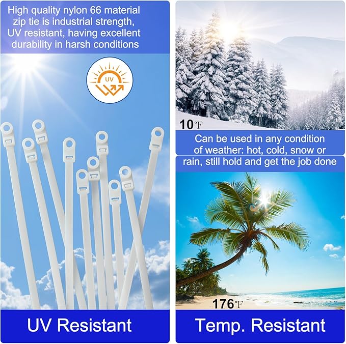 120 PCS 12 Inch Plastic Zip Ties with Screw Holes, Heavy Duty Mountable Cable Ties, UV Resistant Electrical Zip Ties for Indoor & Outdoor (White)