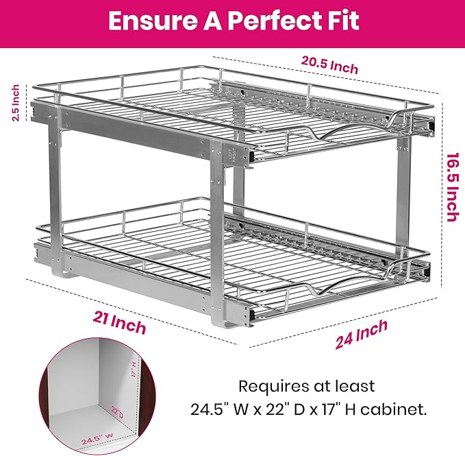 HOLDN’ STORAGE Two Tier Pull Out Cabinet Organizer, Individual Sliding Drawers - Heavy Duty Metal with Lifetime Limited Warranty - Anti Rust Chrome Finish - 24" W x 21”D x 16.5" H