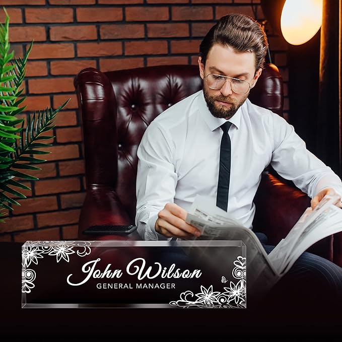 Name Plate for Desk, Premium Clear Plates Engraved Acrylic Desk Name Plate, Desk Name Plate Personalized, Custom Office Decor for Women or Men Coworkers, Boss, Employee, Teacher (Engraved 3)
