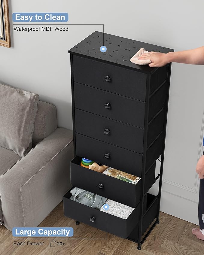 Crestlive Products Tall Dresser, 7-Drawer Fabric Storage Tower, Chests of Drawers - Vertical Organizer Unit for Bedroom, Hallway, Entryway, Nursery, Closets - Steel Frame, Wood Top & Handles (Black)