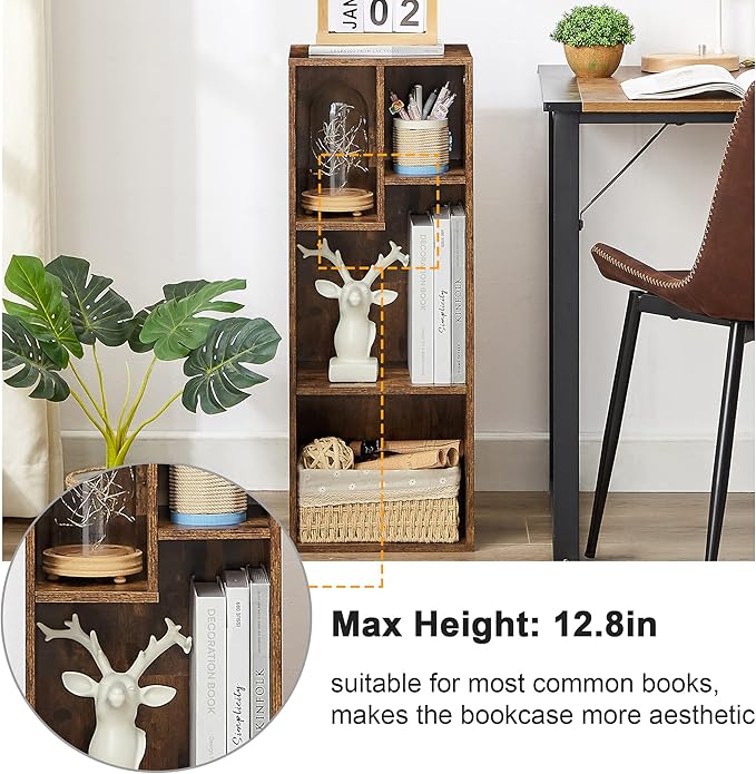 VECELO 3-Tier Small Bookcase, 4 Cube Bookshelf with Height Difference Shelves for Most Books, Modern Floor Standing Unit, Each Shelf Hold Up to 66 LBS for Living Room Bedroom, Rustic Brown