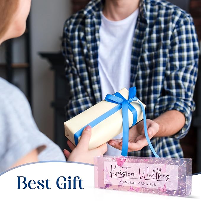 Personalized Office Name Plate, Custom Name Plate for Desks, Office Desk Decorations Gift for Women Men, Acrylic Desk Name Plate for Teacher Coworkers Staff Boss (Butterfly Sea)