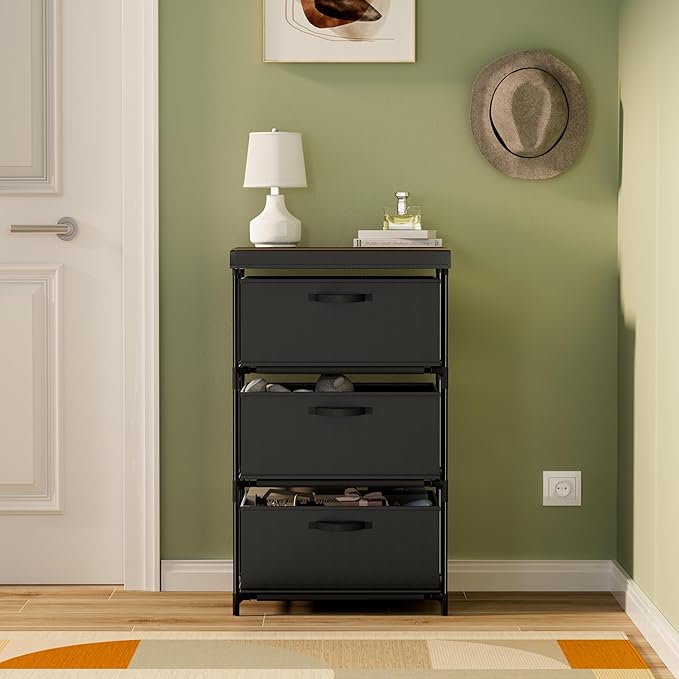 Dresser with 3 Fabric Drawer Stand Desktop Sturdy Metal Plastic Support Tube Cube Storage Cabinet for Bedroom Organization Dorm Front Hall Entryway