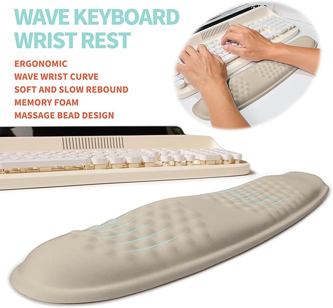 2-in-1 Ergonomic Set, Wave Rise Keyboard Wrist Rest and Massage Bulge Slope Mouse Pad Wrist Support, Cushion Memory Foam Integrated to Relieve Wrist Pain, Apricot
