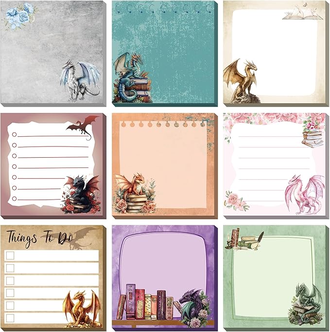 9 Pads Dragon Sticky Notes 3x3 Inch Cute Self Stick Notepads Notes Adhesive Memo Pad Office Decor Gifts for Students School Teacher Meeting Office Supplies