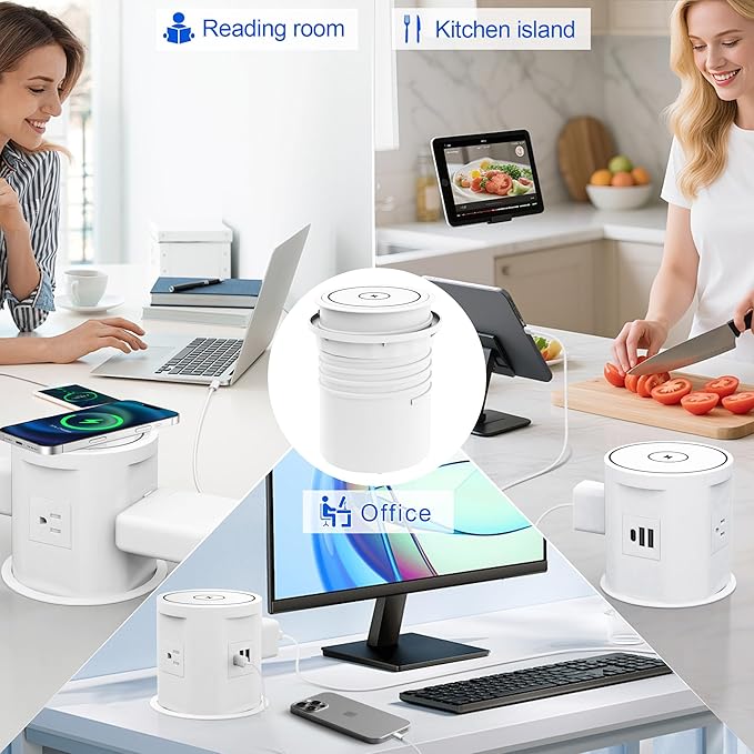 Pop Up Outlet for Countertop with 15w Wireless Charger, 4.7-Inch Pop Up Outlet with 4 Outlets and 2 USB-A, 1 USB-C, Pop Up Power Outlet for Kitchen Countertop, Conference Room, Study Room (White)