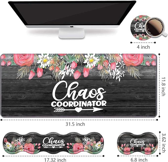 Ergonomic Keyboard Wrist Rest & Mouse Pad Wrist Rest Set,Large XXL Gaming Desk Mat 31.5"x 11.8",Non-Slip Base,Memory Foam,Easy Typing Pain Relief, Chaos Coordinator Quotes Colored Floral Wreath Print