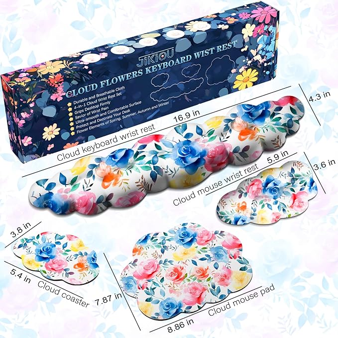 JIKIOU Cloud Wrist Rest Keyboard, Cloud Keyboard Wrist Pad Set with Comfortable Cloth, Cute Arm Rest for Palm Support, PC/Gaming Desk Accessories/Office Setup/Computer Hand Cushion Multicolored Rose