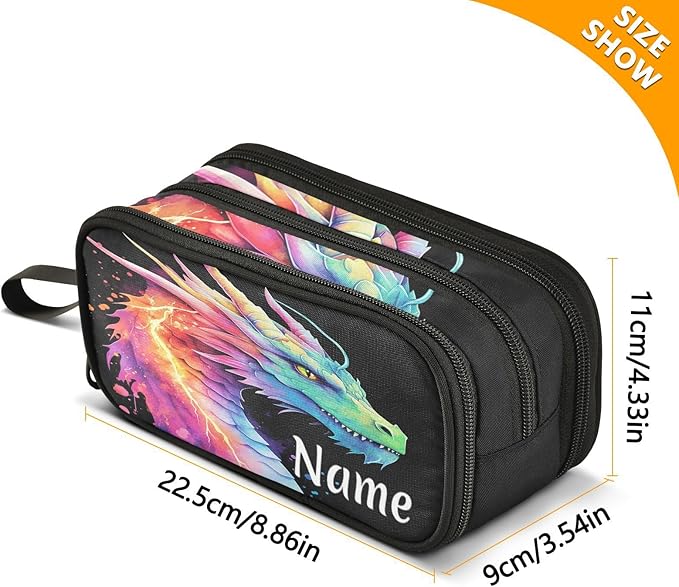 Custom Lightning Dragon Watercolor Pencil Case Box Boys Girls Personalized Name Large Pencil Pouch Stationery Pen Bag Organizer for Kids Adults School Office