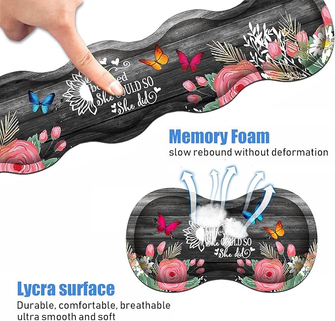 Ergonomic Keyboard Wrist Rest and Mouse Pad Wrist Rest Set, Large XXL Gaming Desk Mat 31.5"x 11.8",Non-Slip Base, Memory Foam,Easy Typing Pain Relief, Floral Quote She Believed She Could So She Did