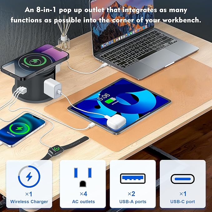 Pop Up Outlet for Countertop with 15w Wireless Charger, 4.7-Inch Pop Up Outlet with 4 Outlets and 2 USB-A, 1 USB-C, Pop Up Power Outlet for Kitchen Countertop, Conference Room, Study Room (Black)