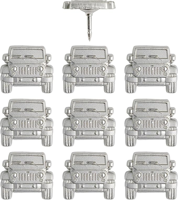 Jeep Push Pins - Silver Jeep Map Pins - for Cork Board, Maps, or Lapel Pin Use - Designed in USA - Set of 10