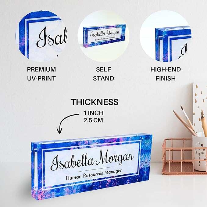 Customized Clear Acrylic Thick 8x3" Acrylic Black - Desk Name Plate Block with Personalized Logo - Professional Office Decor - Customized Acrylic Plate Gift for Teacher Co-workers (Indigo Dream)