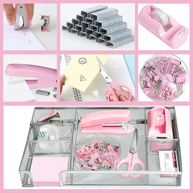 Pink Office Desk Accessories, Pink Office Supplies Set, Desk Drawer Organizer,Stapler and Tape Dispenser Set,Tape,Staple Remover, Staples, Paper Clips, Scissor and Sticky Note