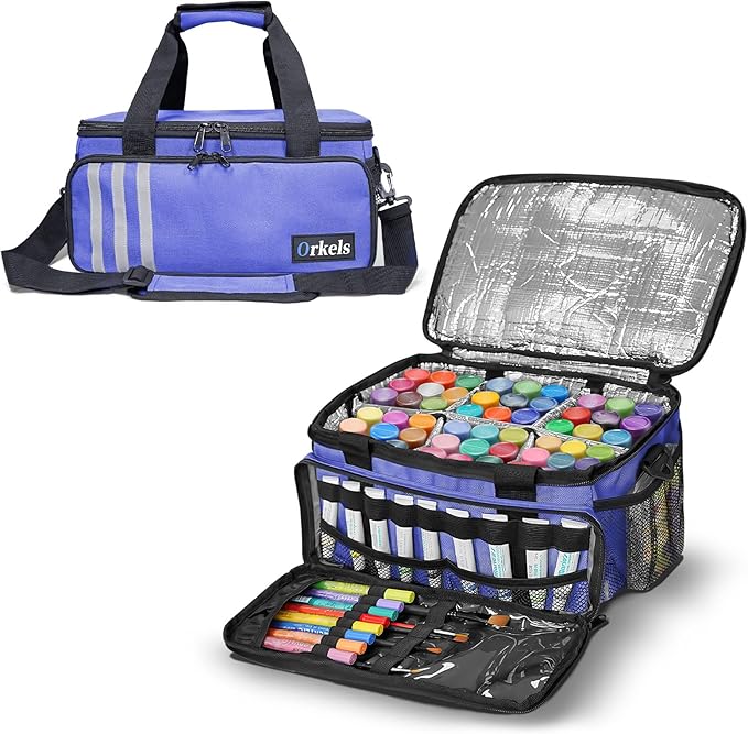 ORKELS Craft Paint and Marker Organizer, Acrylic Paint Storage Bag with Brush and Bottle Holders, Large Marker Carrying Case for Artists (Purple)
