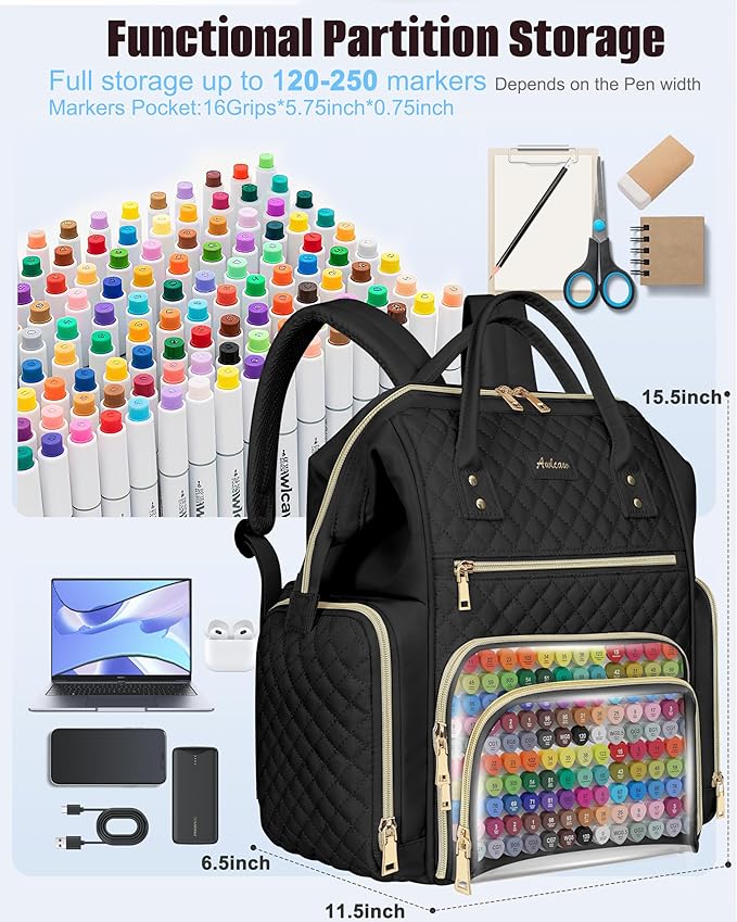 Marker Organizer Case Bag, Large Markers Storage Backpack with USB Port for Artists, Illustrators, Creatives, Pen Travel Holder Case Bag for Art Creativity Craft Supply, Black