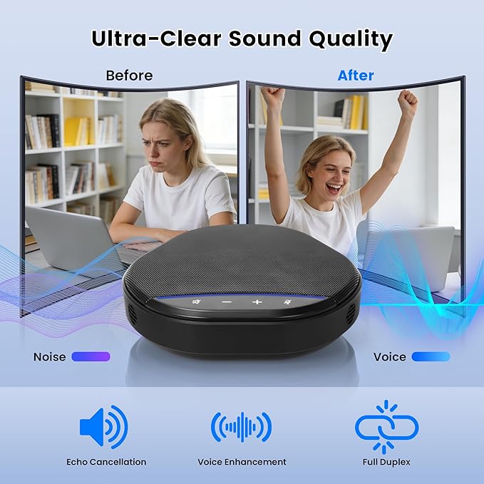 Ynoonvon Conference Speakerphone with 360° Voice Pickup, AI Noise Reduction & Echo Cancellation, USB Plug and Play Desktop Microphone Speaker for Zoom, Teams, Skype, Home Office & Online Meetings