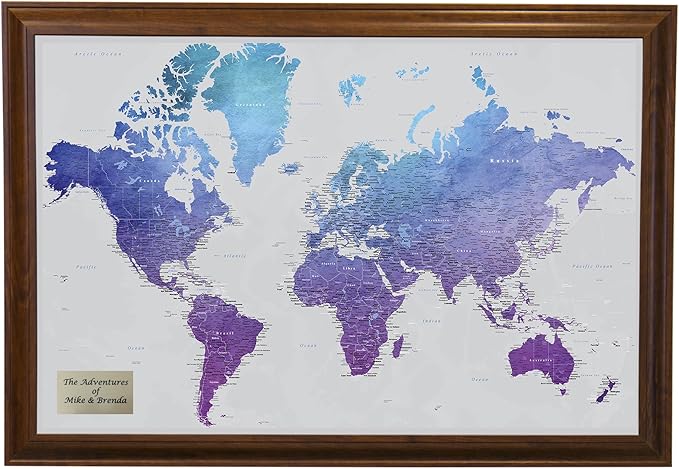 Personalized Vibrant Violet Watercolor World Travel Map with Brown Frame