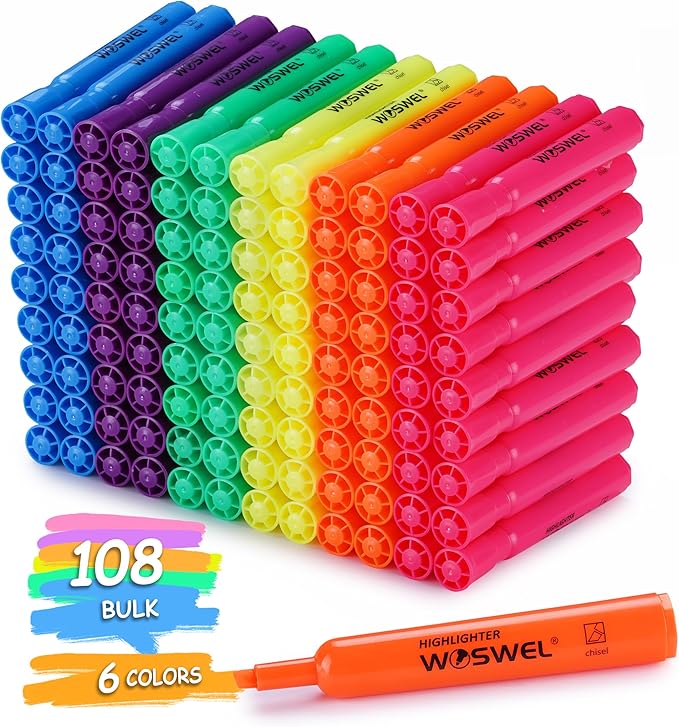 WOSWEL Highlighters Bulk, 108 Pack Tank Style Highlighters Assorted Fluorescent Colors Set, 6 Bright Colors Chisel Tip Highlighter Markers for Coloring, Highlighting as School Supplies