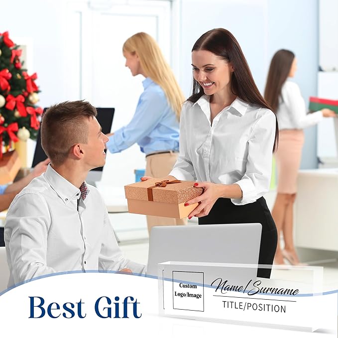 Personalized Office Name Plate, Custom Logo/Photo, Name Plate for Desks, Office Desk Decorations Gift for Women Men, Acrylic Desk Name Plate for Teacher Coworkers Staff Boss (Transparent Logo)