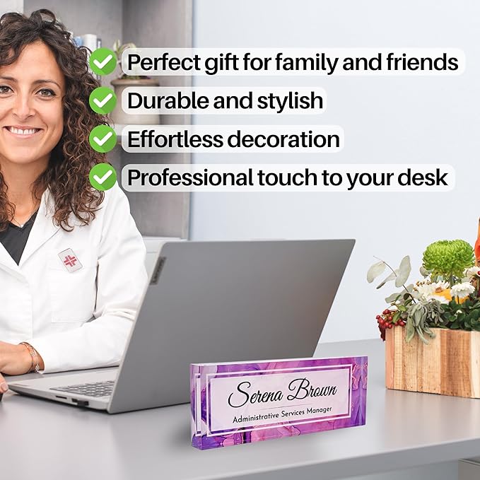 Customized Clear Acrylic Thick 8x3" Desk Name Plate Block with Personalized Logo - Professional Office Decor - Customized Acrylic Plate Gift for Teacher Co-workers, Christmas Gifts for Her, Thanksgiving Gifts (Purple Dream)