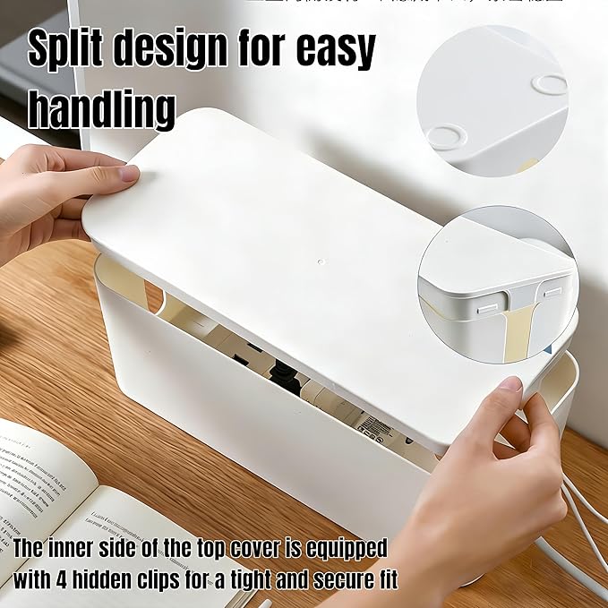 1Large+1Small Cable Organizer Set-2-Piece Home Office Desk Wire Management Storage Box,Cable Storage Box(Bamboo lid/White)