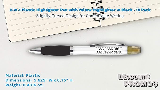 DISCOUNT PROMOS Personalized Plastic Highlighter Pens - 10 pack - Customizable Text, Logo - Black