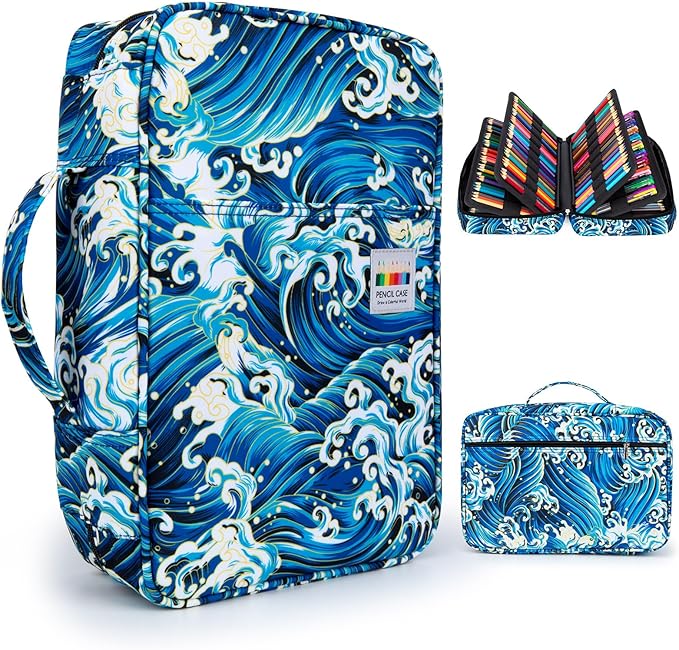 YOUSHARES 300 Slots Color Pencil Case - Pen Case Organizer with Handy Wrap & Zipper, Multilayer Holder for Prismacolor Colored Pencils & Gel Pen (Waves)