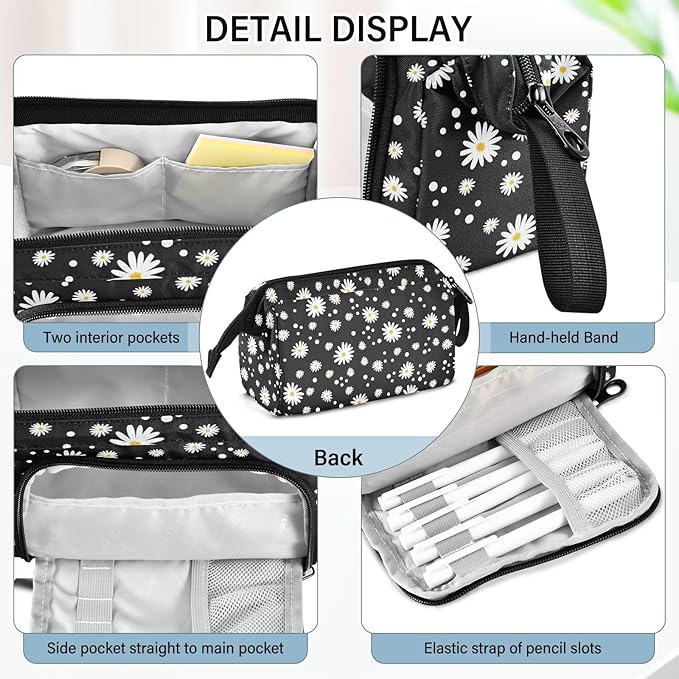 Daisy Black Pencil Case Pouch Big Capacity Pencil Bag Box Organizer Pen Case Pencil Pouch Aesthetic with Handle for Teen Girls Boy College Women School