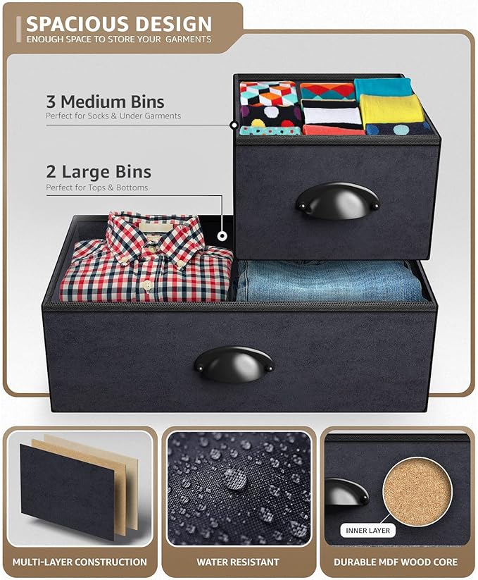 Sorbus Dresser with 5 Drawers - Storage Chest Organizer Unit with Steel Frame, Wood Top, Easy Pull Fabric Bins - Long Wide TV Stand for Bedroom Furniture, Hallway, Closet & Office Organization