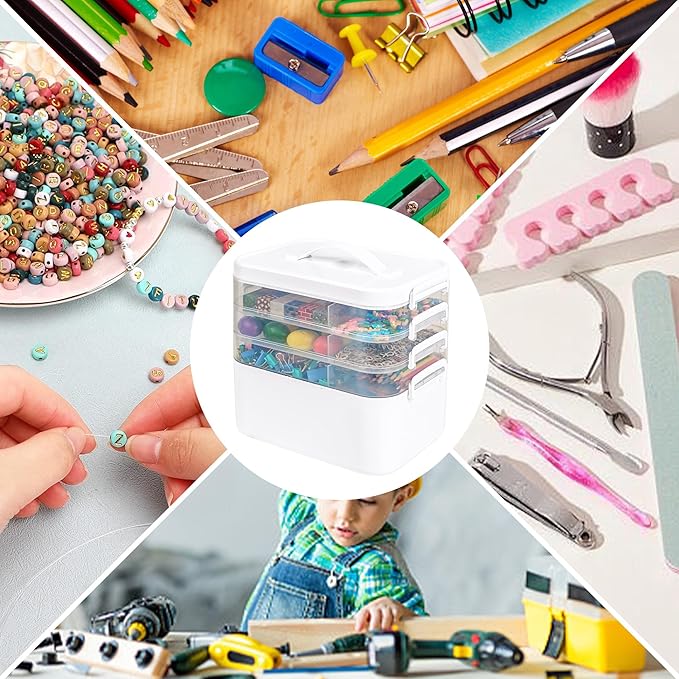 3-Tier Art Supply Storage Container, Stackable Craft Organizer Box with Dividers, Clear Plastic Storage Case for Markers, Toys, Coloring Books (Four-Layer)