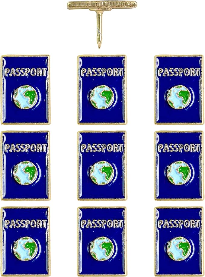 Passport Push Pins - Metal Passport Map Pins - For Cork Board, Maps, or Lapel Pin Use - Designed in USA - Set of 10